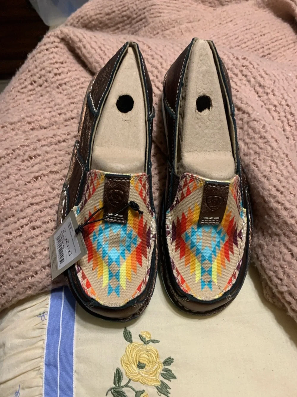 Ariat Kids Brown Moccasins with Multicolor Aztec Toe